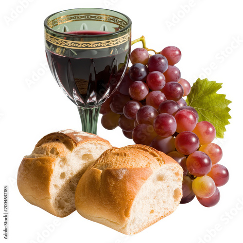 A glass of red wine with fresh grapes and two pieces of bread on a white background, for dinner