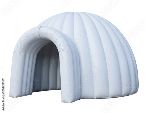 A large white inflatable dome tent with a tunnel entrance isolated on a plain white background