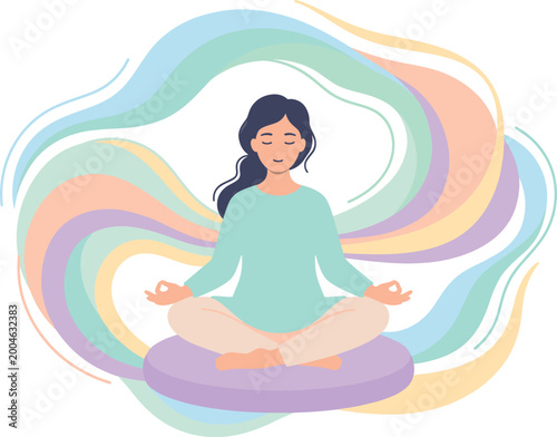 A serene woman meditates in a lotus position surrounded by colorful flowing energy, symbolizing peace and mindfulness.