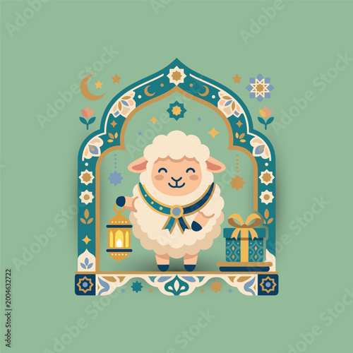 Cute cartoon sheep holding a lantern and standing in an ornate Islamic archway with a gift box, celebrating Eid.