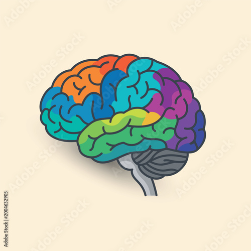 A vibrant, stylized illustration of a human brain with different lobes colored in various bright hues, set against a light background.
