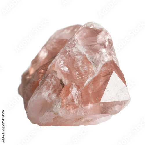 A single raw pink quartz crystal stone with natural facets isolated on a plain white background