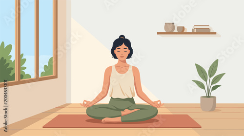 A woman meditating in a peaceful room with a plant and a window, promoting calm and mindfulness.