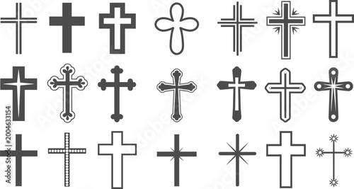 Detailed black and white flat vector illustration collection of various Christian cross icons featuring traditional decorative and minimalist crucifix symbols for religious design