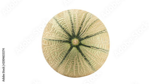 A whole cantaloupe melon with textured skin isolated on a white background, down view