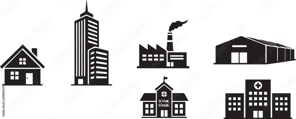 Obraz premium Buildings represent various architectural structures including houses, skyscrapers, industrial factories, warehouses, schools, and hospitals.
