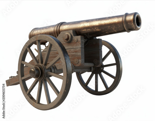 Antique bronze cannon with wooden wheels isolated on a plain white background, for historical use
