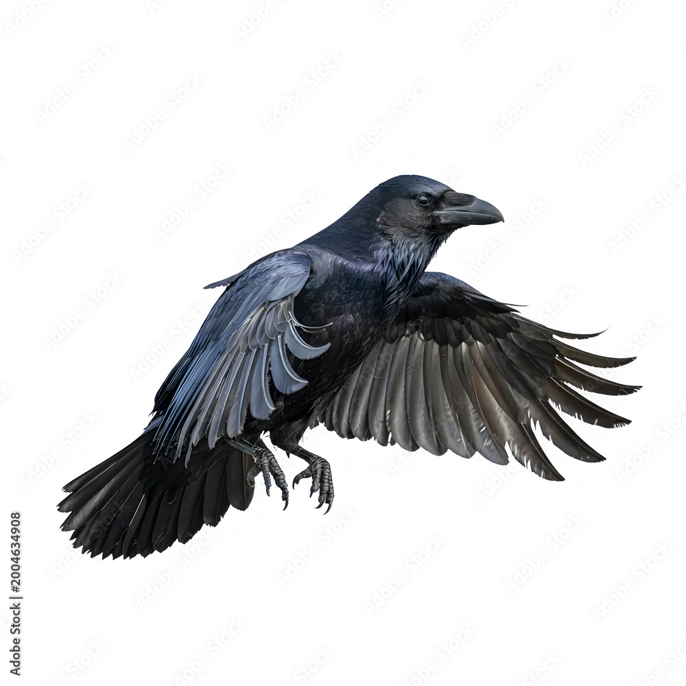 Fototapeta premium Black crow in flight with wings spread wide to side isolated on transparent background transparent background