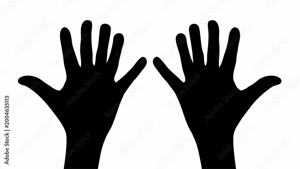 Obraz premium Two raised hands in celebration silhouette against white background with black color