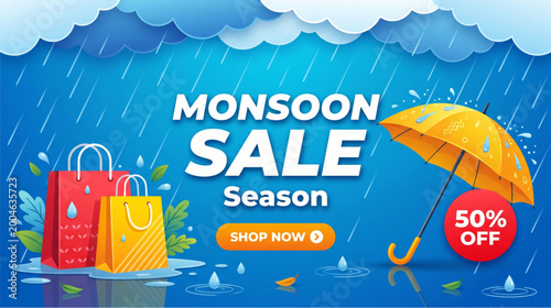 Monsoon sale season banner with yellow umbrella and shopping bags under rainy clouds for seasonal retail discount and commercial promotion design
