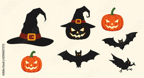 Foto Halloween icons including hat and pumpkin.