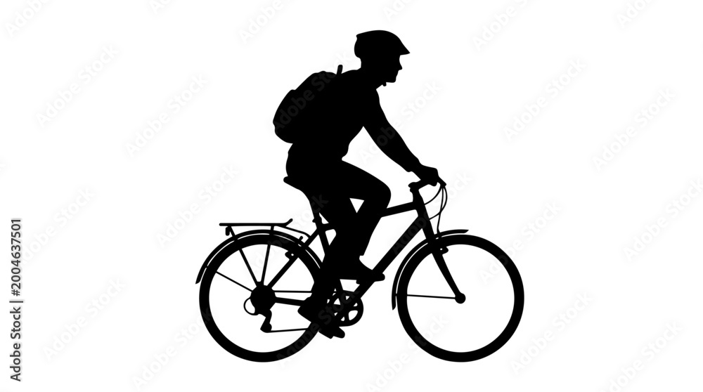 Obraz premium Vector silhouette of cyclist riding bicycle with helmet, backpack, basket and pannier, transportation landmark art