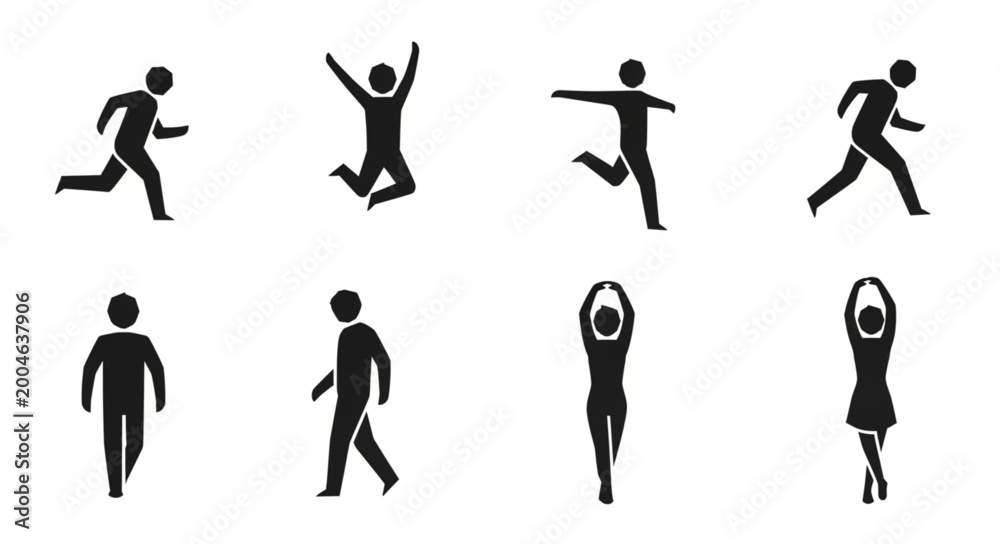 Fototapeta premium Black silhouettes of people exercising outdoors.
