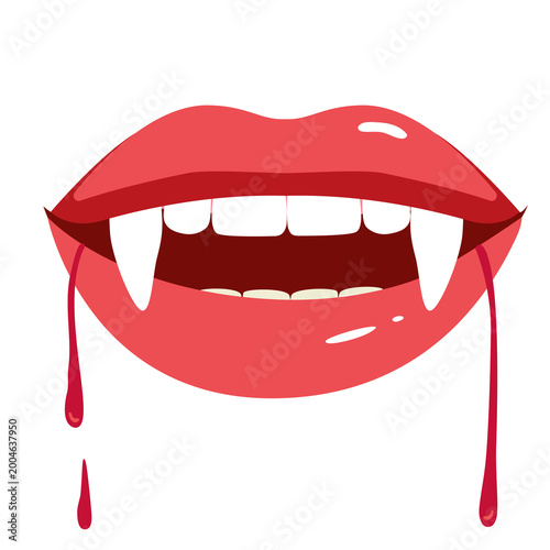 Stylized female vampire mouth with sharp fangs and blood isolated on white background. Ideal for Halloween design, horror themes, branding and creative graphic projects