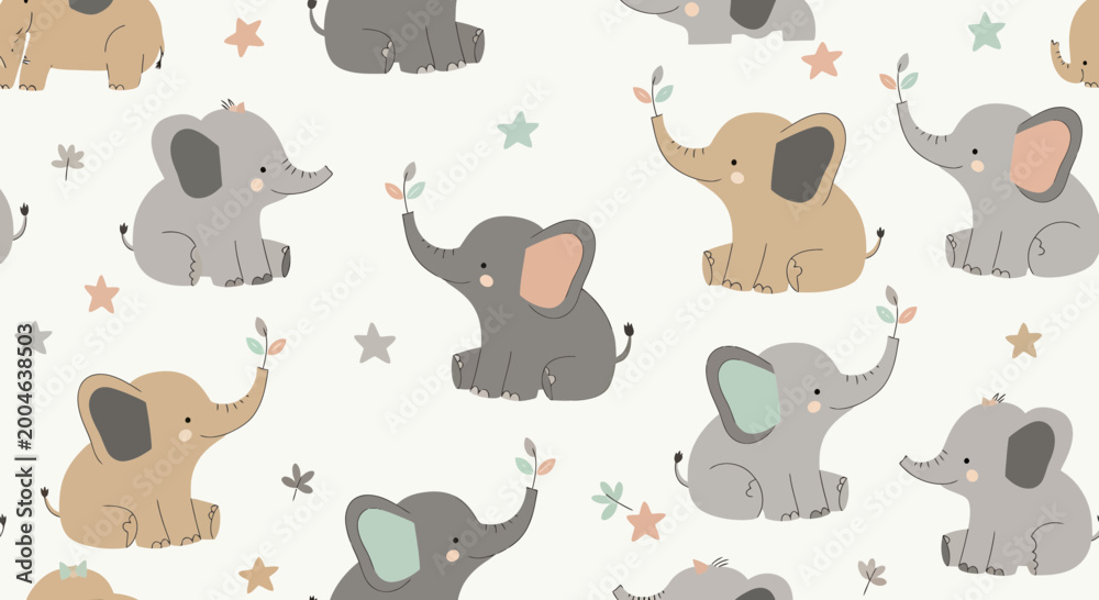 Fototapeta premium Cute Elephant Pattern, Baby Elephants with Stars and Leaves, Seamless Repeating Design