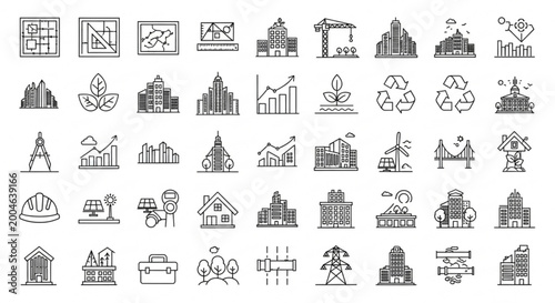 A collection of various industrial and architectural icons are shown in a grid.