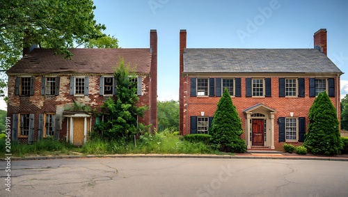 Before and after renovation shows old house transformed with dilapidated facade replaced by bright new siding, improving exterior and revitalizing property value overall transformation project.