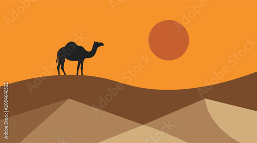 Картината върху платно Desert landscape with camel silhouette at sunset orange sky middle east drifting