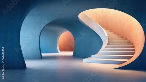 A modern, minimalistic interior features curved blue walls and a smooth staircase illuminated by warm light, blending fluid architecture with soft textures.