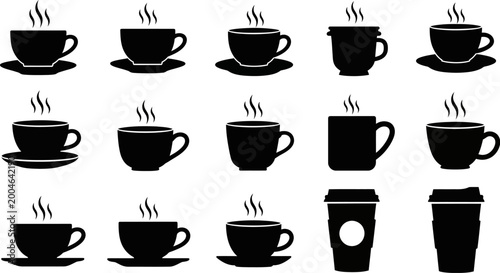 Tableau sur toile black silhouettes of various coffee cups and mugs on white background