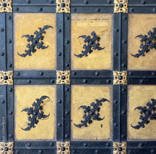 Decorative geometric pattern on a historic door. Metal texture background with vintage design