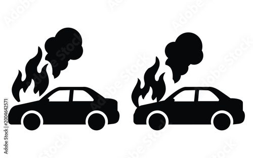 Fotografía Car fire incident vector icon showing burning vehicles with smoke emergency situ