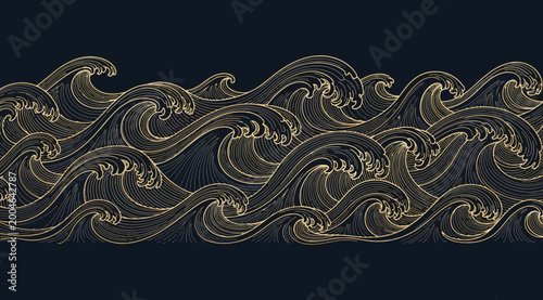 Tableau sur toile Traditional japanese wave pattern, stylized ocean waves in gold lines on a dark