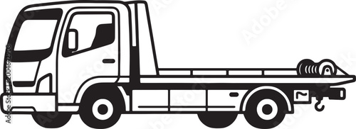 Black and white of a flatbed tow truck with hook and wheel also transparent background