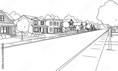 Konstfotografi Black and white line of a quaint suburban neighborhood with houses, trees, and a