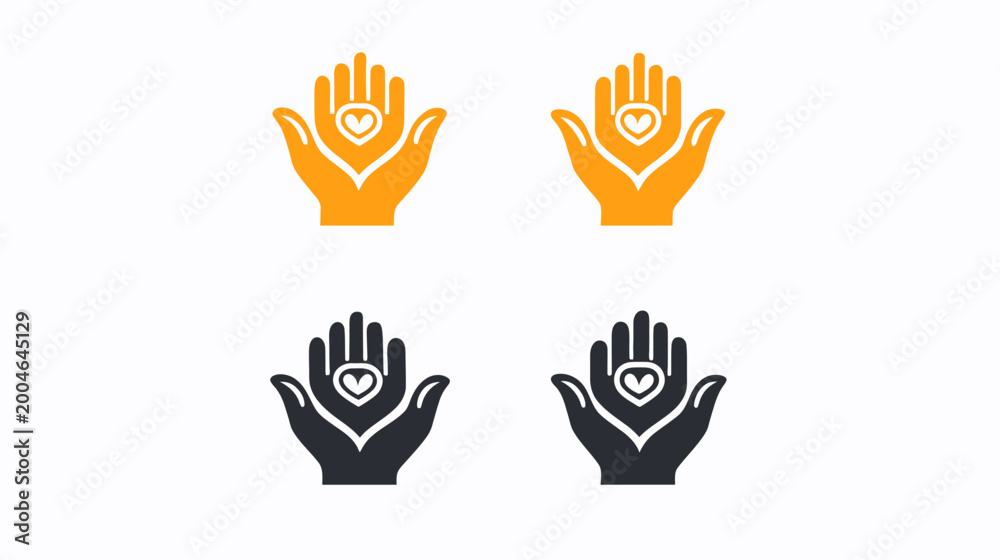 Fototapeta premium Four stylized icons featuring open hands with hearts inside, using two color schemes