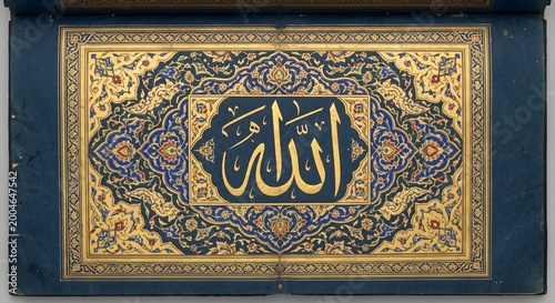 Highly Ornate Illuminated Islamic Manuscript Frame Featuring Name of Allah in Blue and Gold Traditional Motif