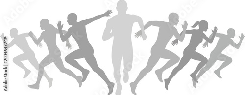 Gray running people silhouettes, athletic vector icons, fitness illustrations, sport graphics