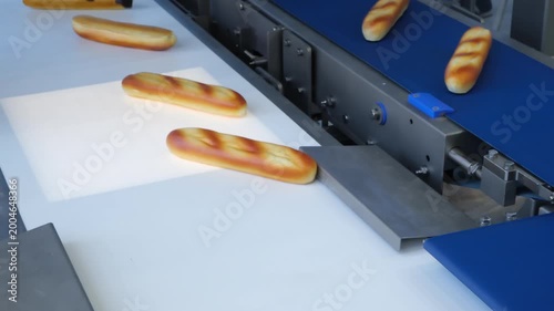 Freshly baked baguettes move along a blue conveyor belt. Industrial machinery handles bread with precision and efficiency
