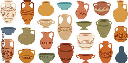 Photos Large collection of ancient greek and roman ceramic pottery vases amphoras and bowls vector illustration