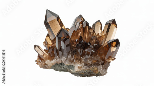 Large cluster of smoky quartz crystals with dark brown translucent points on a white background