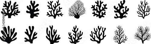 Obraz na płótnie Collection of black coral reef silhouette icons and marine seaweed shapes isolated on white background for underwater nature design and ocean life illustration projects