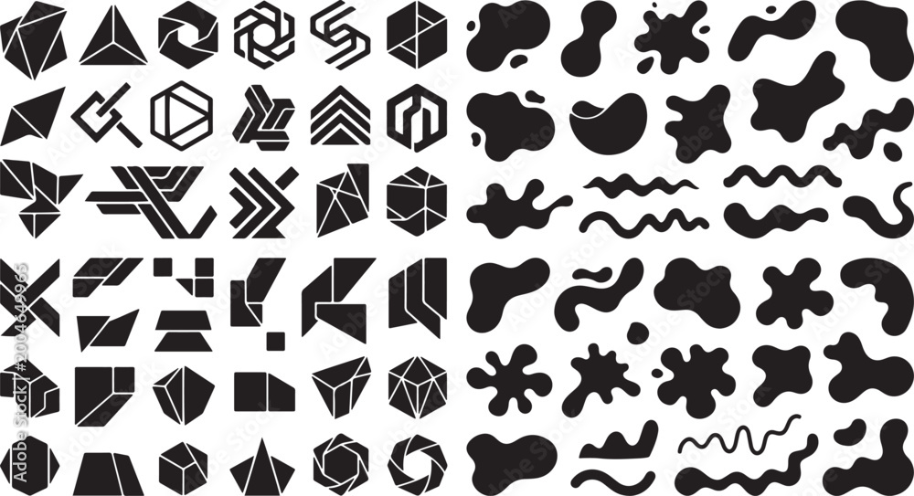Obraz premium Abstract geometric and organic shapes silhouette megaset featuring crystalline forms liquid splashes wavy lines and minimalist design elements isolated on white background vector collection