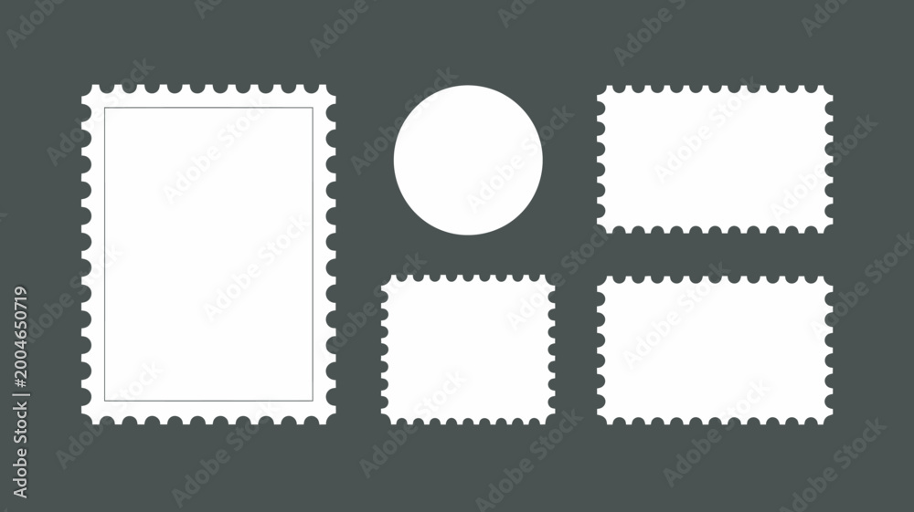 Obraz premium Five minimalist postage stamp designs with perforated edges