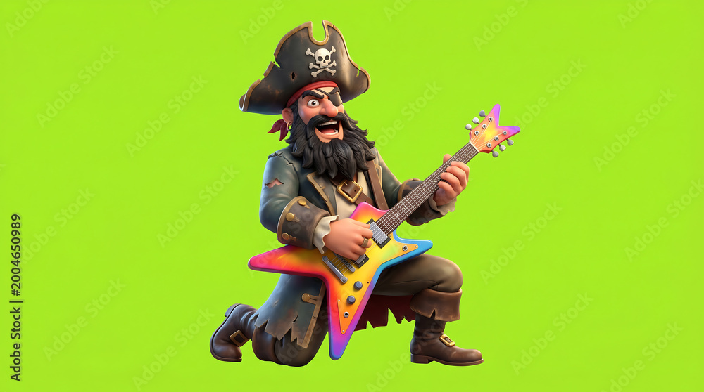 Fototapeta premium 3D cartoon pirate character playing electric guitar on green screen