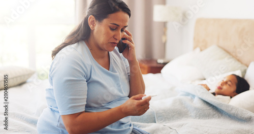 Εκτύπωση καμβά Phone call, thermometer and mom with sick child in bed for cold, fever and online consulting