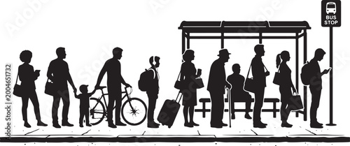 Tableau sur toile People waiting at bus stop silhouette set featuring commuters with bags bicycle