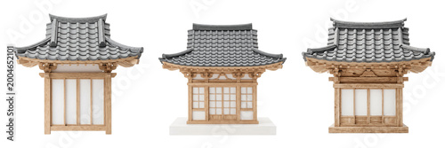 Miniature traditional japanese buildings with tiled roofs on white isolated on transparent background