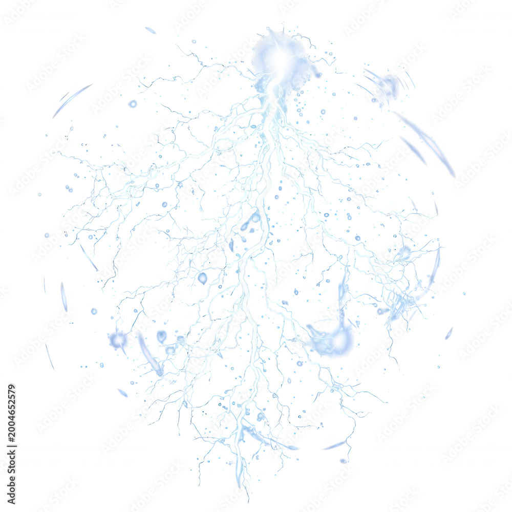 Naklejka premium Bright white lightning bolt discharge with branching electrical tendrils and glowing plasma sparks isolated on a solid black background