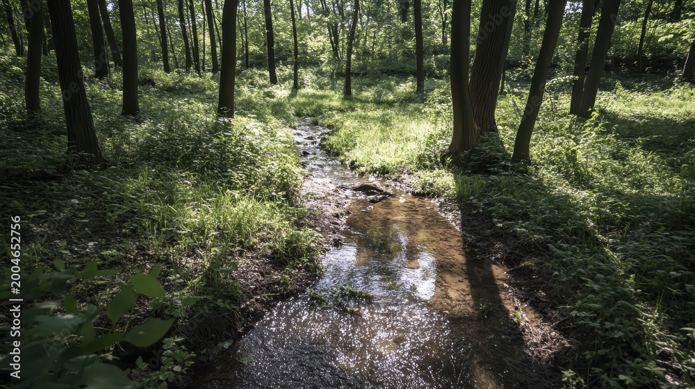 Obraz premium A tranquil forest stream flows through a sun-dappled clearing in springtime
