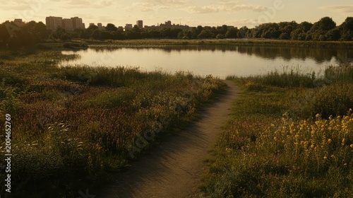A tranquil lakeside path winds through blooming wildflowers and lush grasses towards a distant cityscape