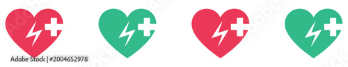 Photos AED automated external defibrillator sign icon, red and green color flat style, emergency medical device symbol for cardiac rescue and first aid, clean modern vector illustration