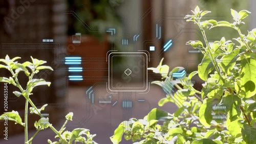 Camera focusing plants sparking HUD building core square rotating marker pulsing blue bars for tech