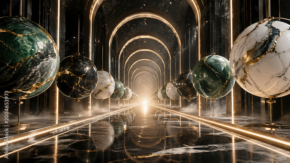 Marble globes on gold stands in futuristic tunnel with black marble floor and walls arched ceiling