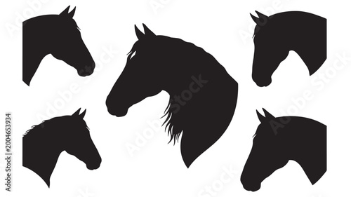 Horse head silhouettes set with black vector style, side profile faces, and isolated graphic shapes on white