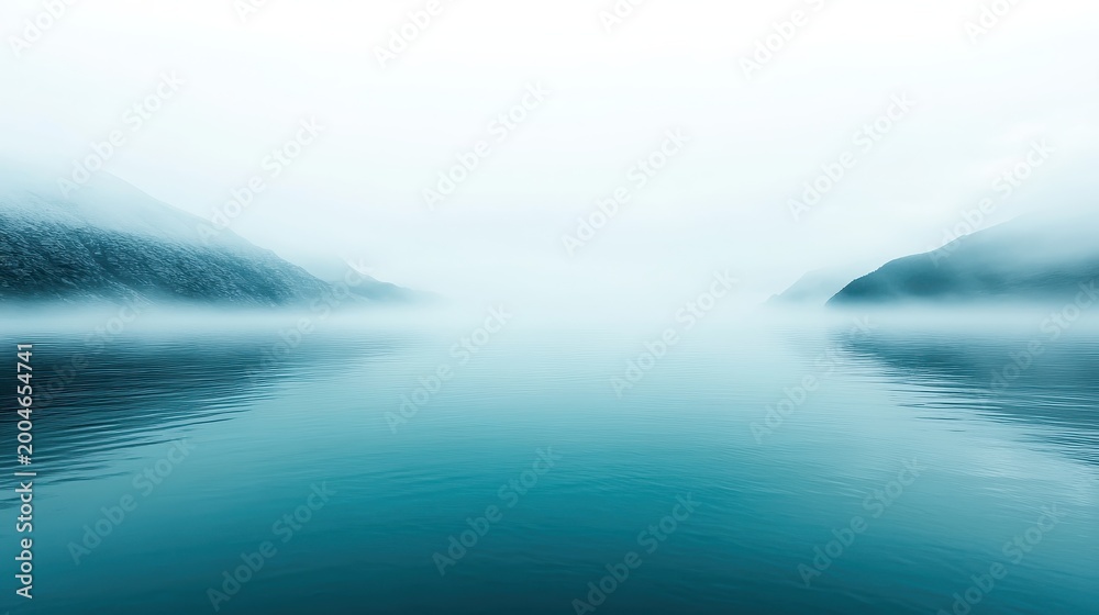 Fototapeta premium Misty River Landscape with Hazy Hills and Gentle Light Creating a Dreamlike Atmosphere